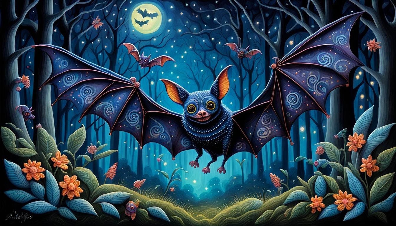 Alebrije Bats in Enchanted Forest: Lowbrow Art