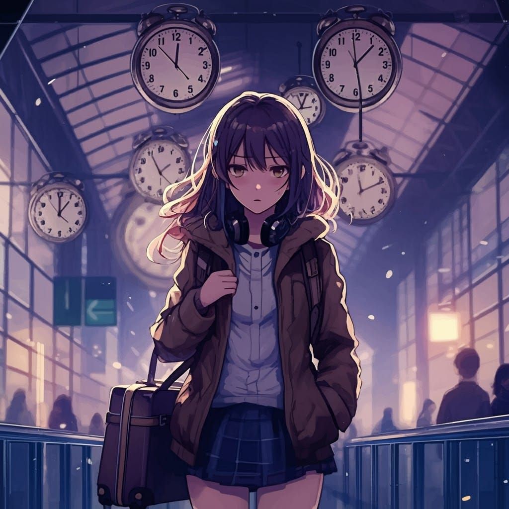 Anime Woman in Station with Time Zone Clocks