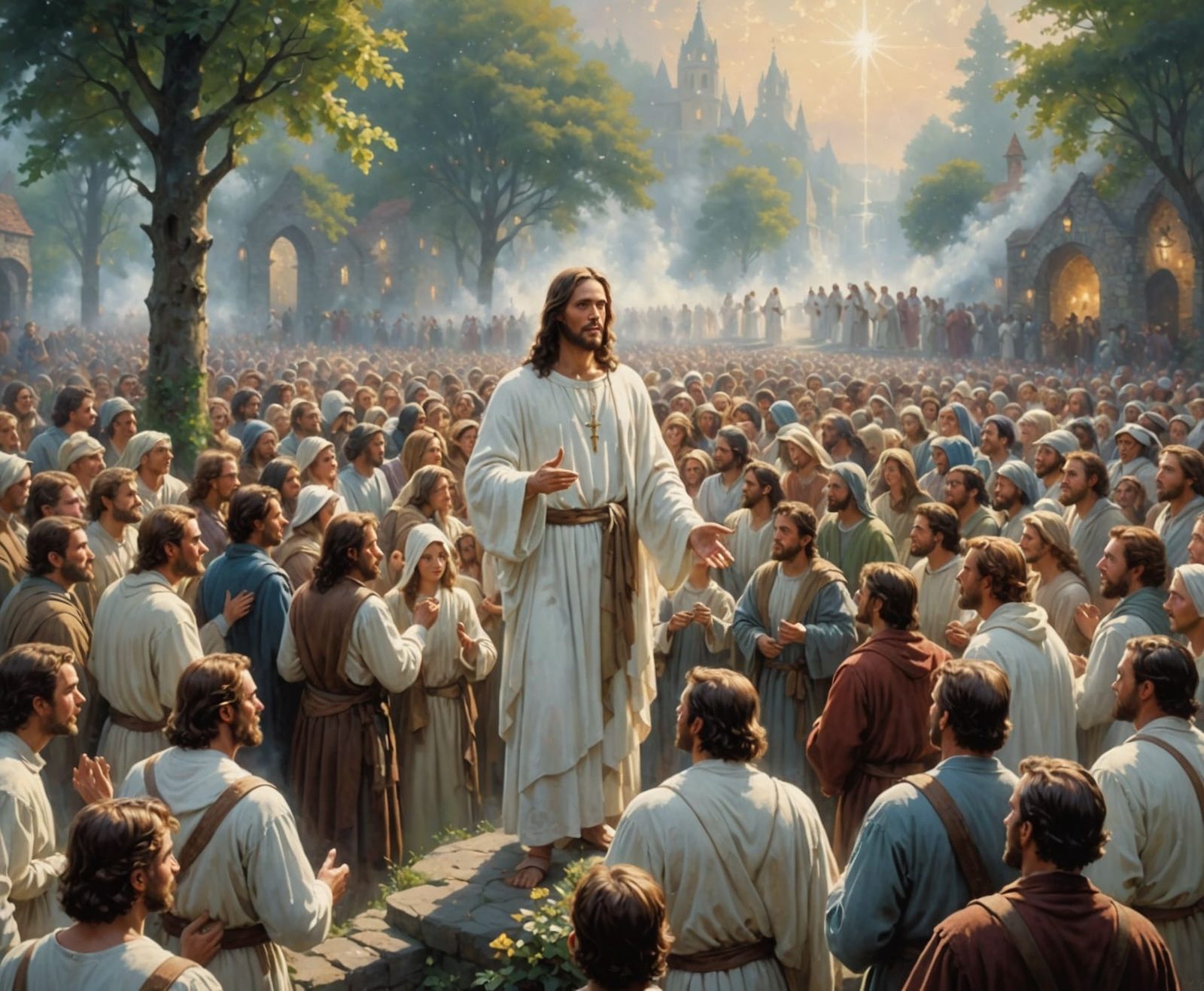 Jesus Amidst a Sea of Ethereal Figures in a Misty Realistic ...