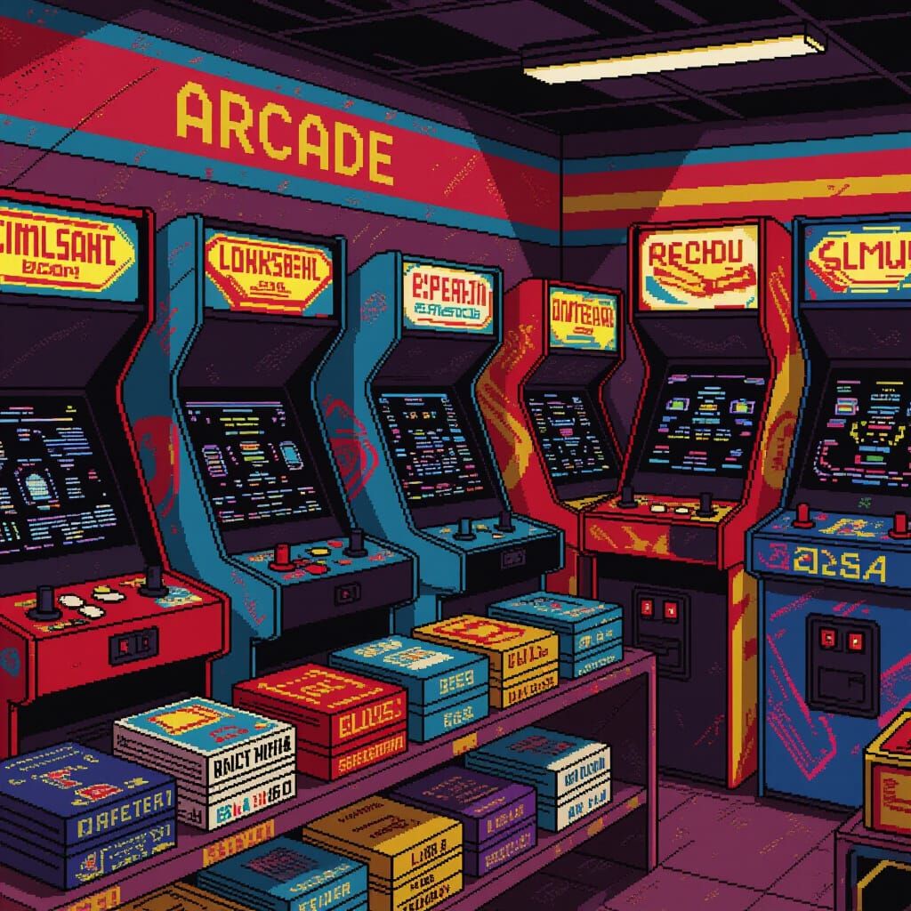 Retro Game Covers in a Vibrant Arcade