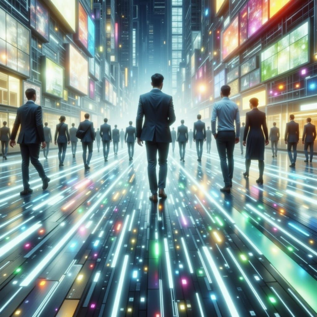 Nighttime cityscape of Geometrical shaped buildings, digital...