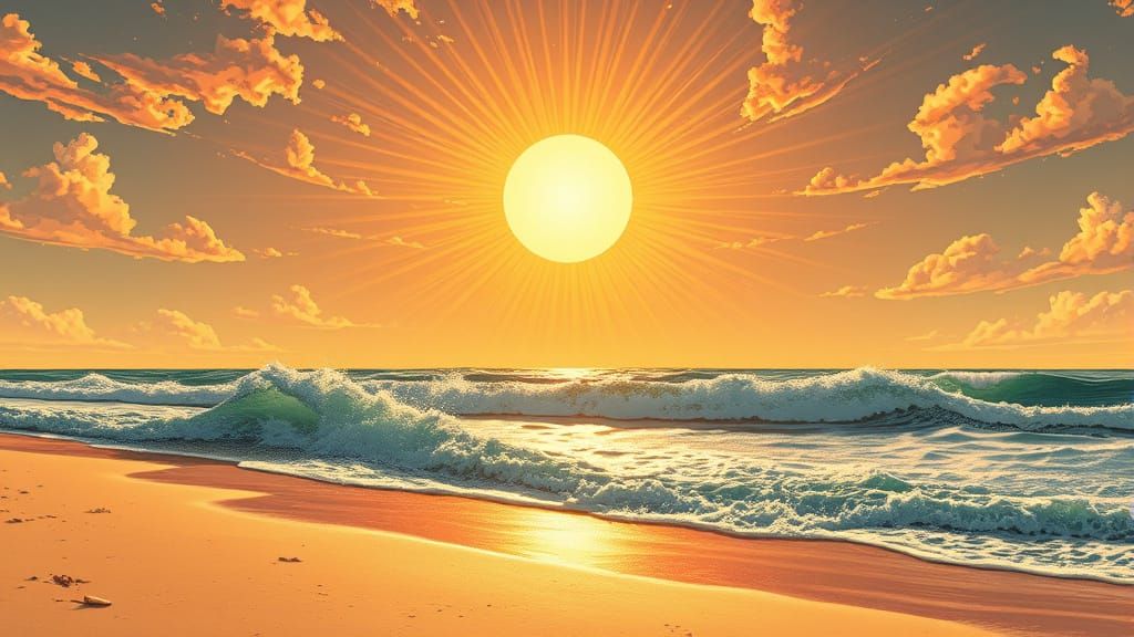 Blazing Sun Melts onto Sandy Beach: Comic Book Art