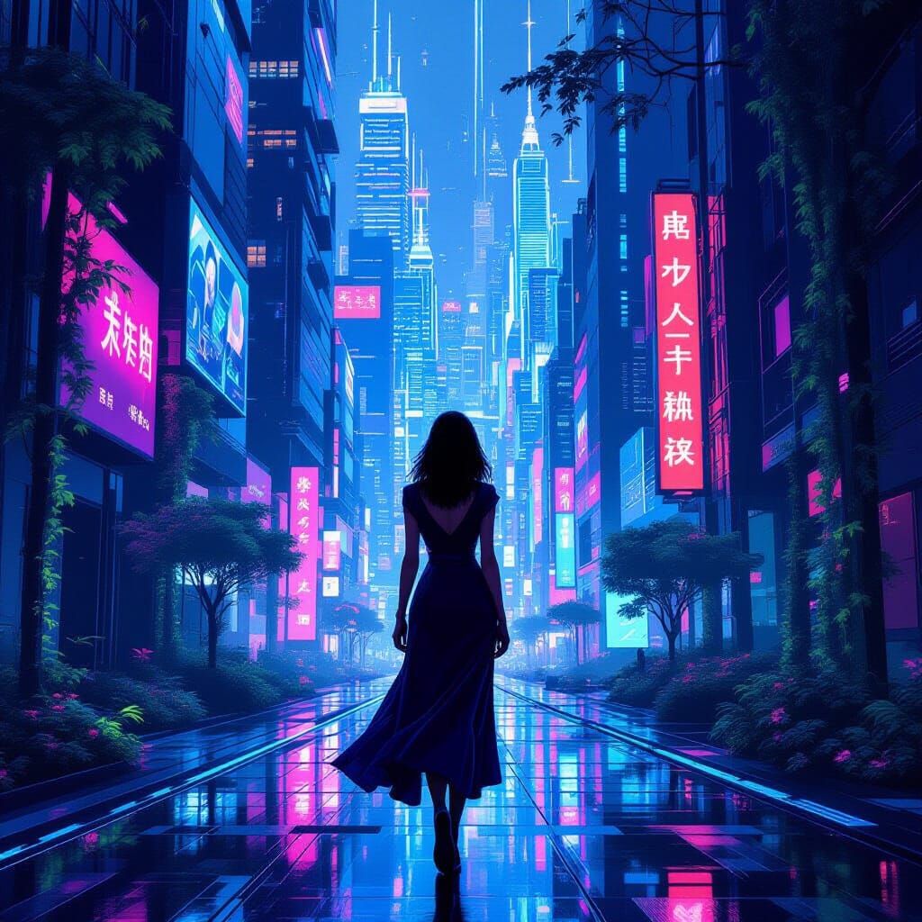 Futuristic Woman in Neon City, Digital Painting