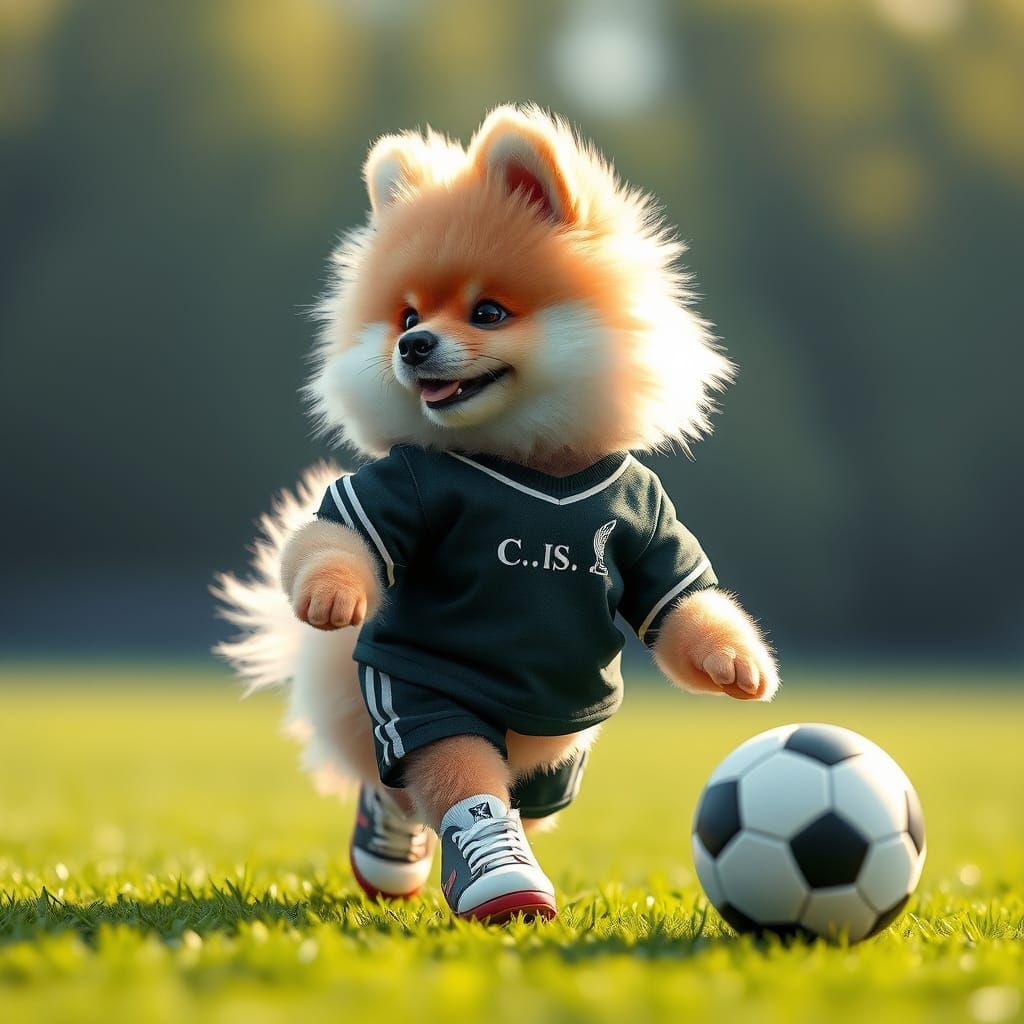 Cute Pomeranian Puppy Plays Soccer in Realistic Digital Art