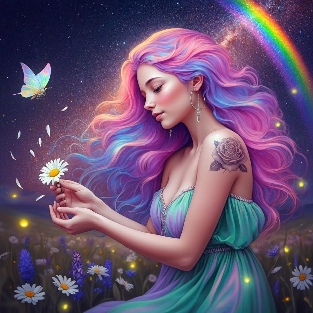 Whimsical Bohemian Goddess with Vibrant Purple Hair and Glow...