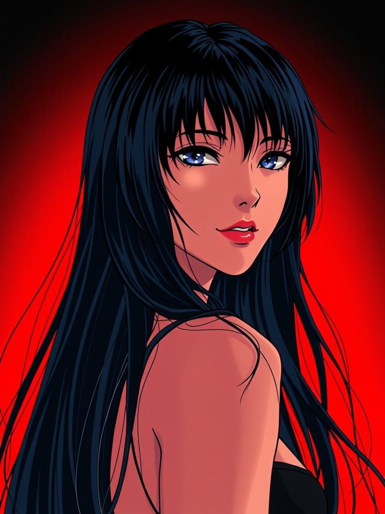 Sensual Retro Anime Goddess in Deep Blue Glow