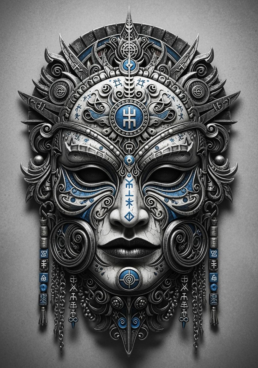Intricate Ethnic Moon God Mask in Black, Gray, and Silver