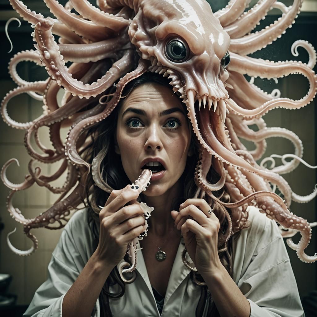 Woman Eats Squid: Surreal Spa Scene