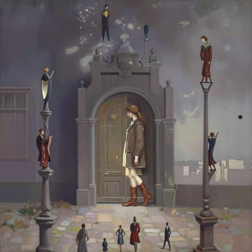 Woman Standing Before a Mysterious Door