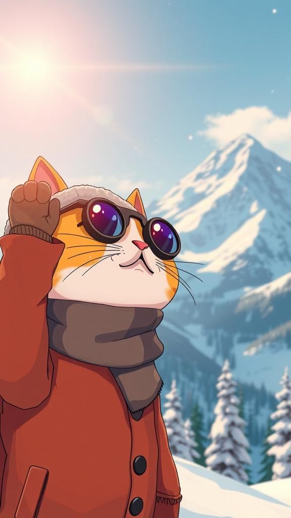 Cozy Cartoon Cat Observes Winter Mountains