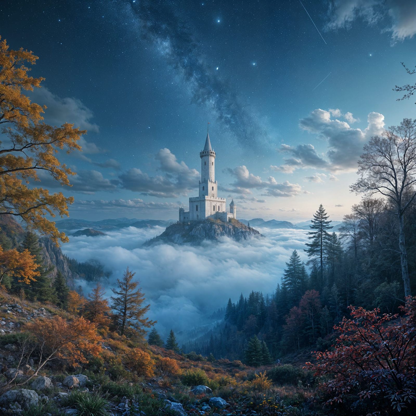 Fantasy Landscape with White Tower Under Night Sky