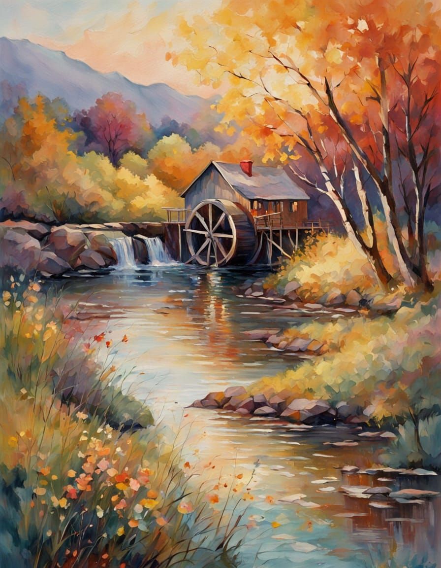 Water Wheel in Golden Greek Sunset