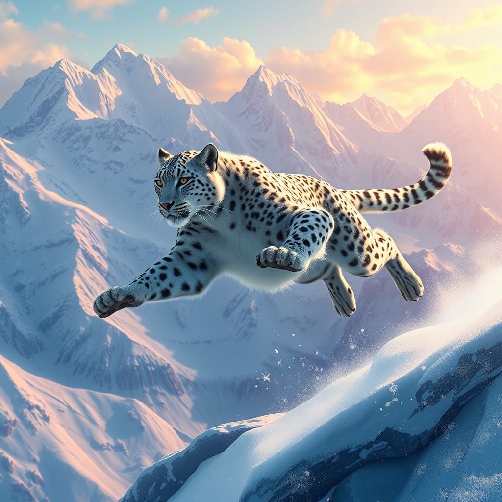 Snow Leopard Leaps Through Majestic Snow-Capped Mountains in...
