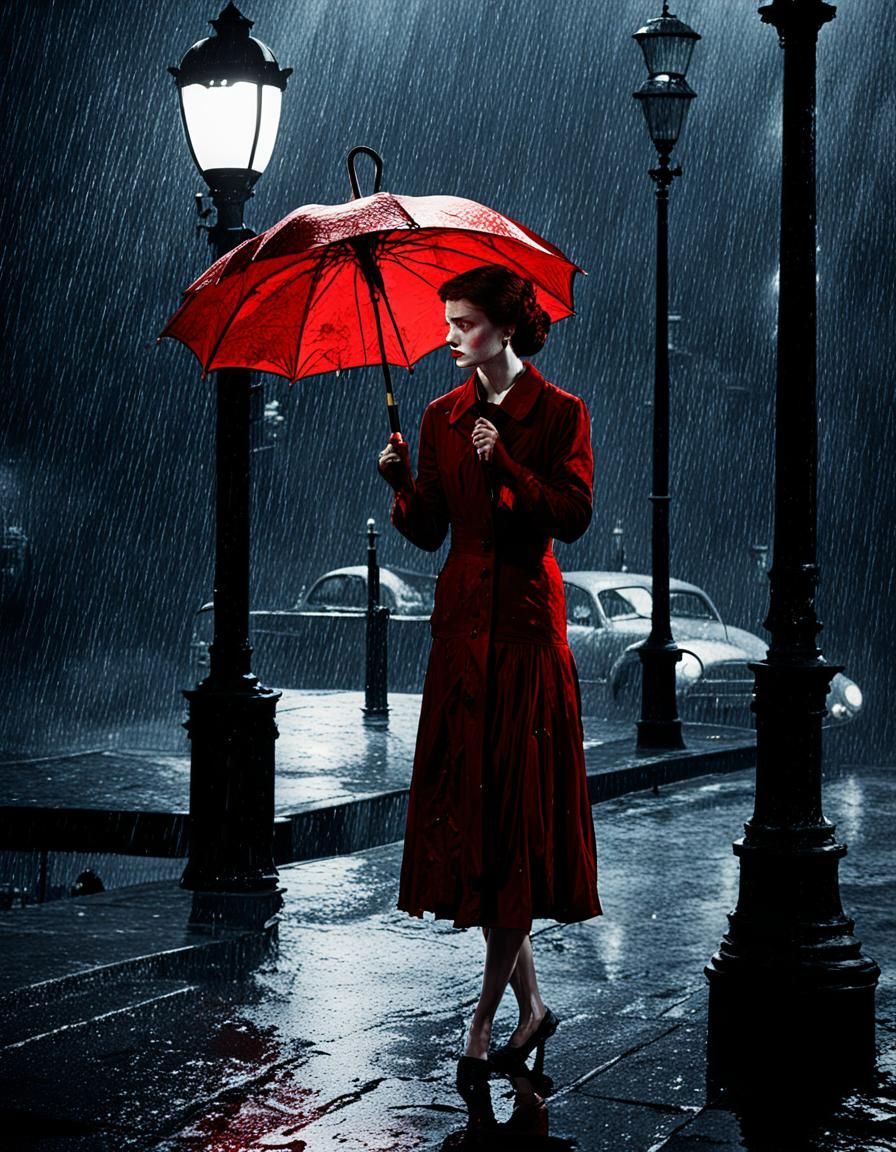 " " Film noir. Forte pluie tombant sur une ville retournée. ...