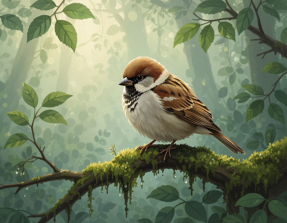 Dejected Sparrow on Mossy Branch in Misty Forest