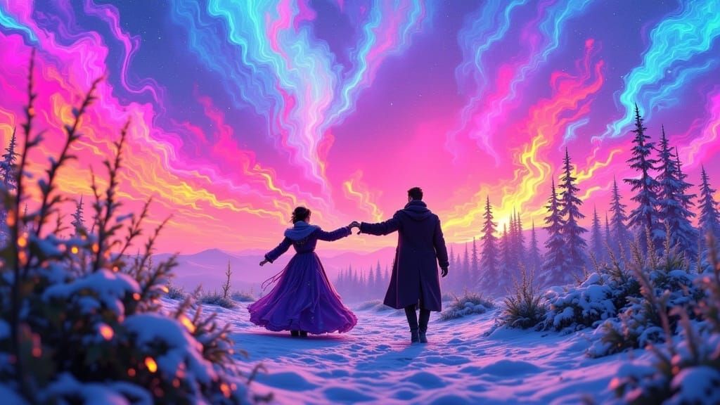 Enchanting Winter Waltz in Vibrant Neon Lights