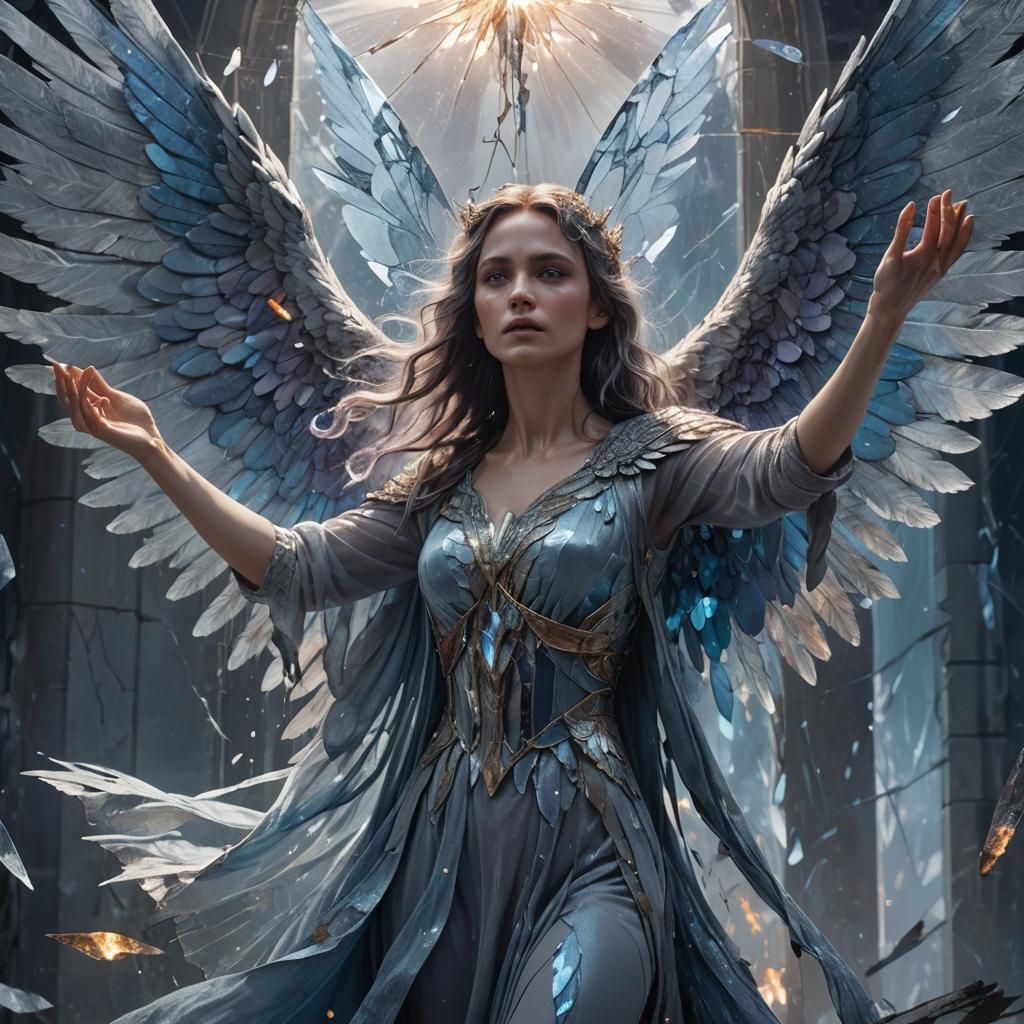 Winged Woman Behind Shattered Mirror in Fantasy Art