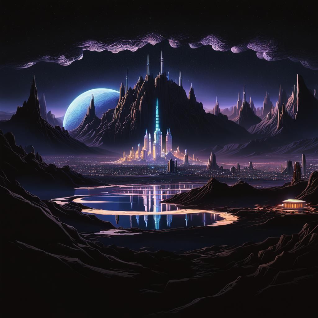 Ornate Sci-Fi City on the Moon in Lunar Light