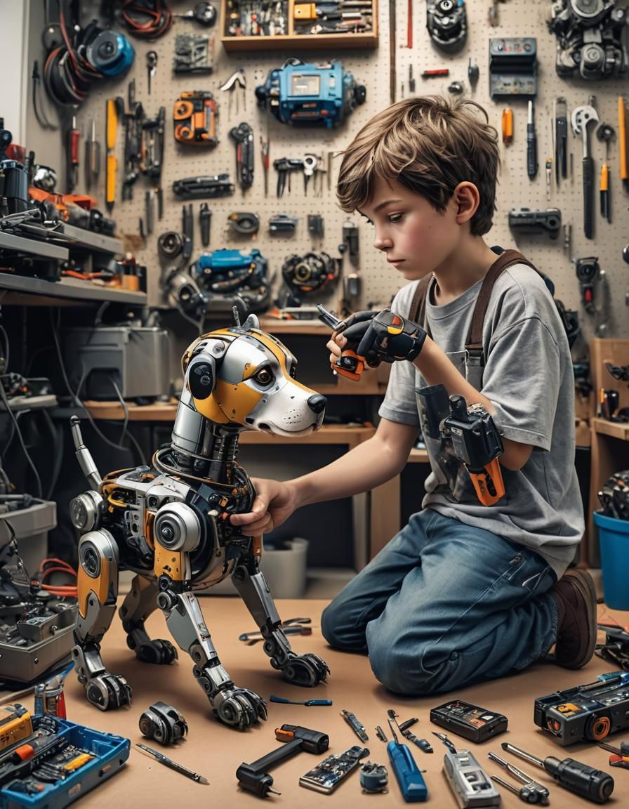 Boy Repairs Robot Dog in Workshop: Hyperrealistic Photo
