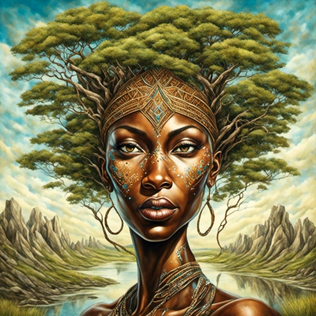 Woman Merged with Savannah Landscape in Digital Painting