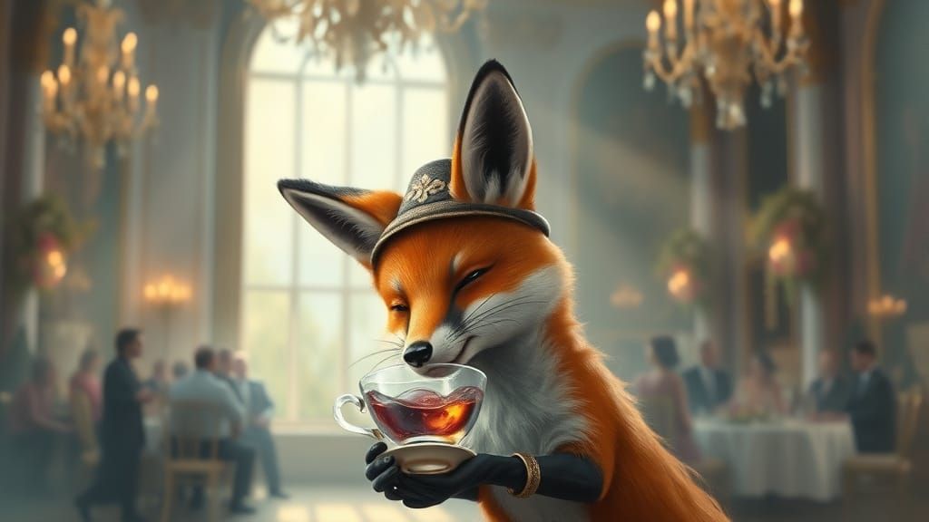 Anthropomorphic Fox Balances Teacup in Impressionistic Ballr...