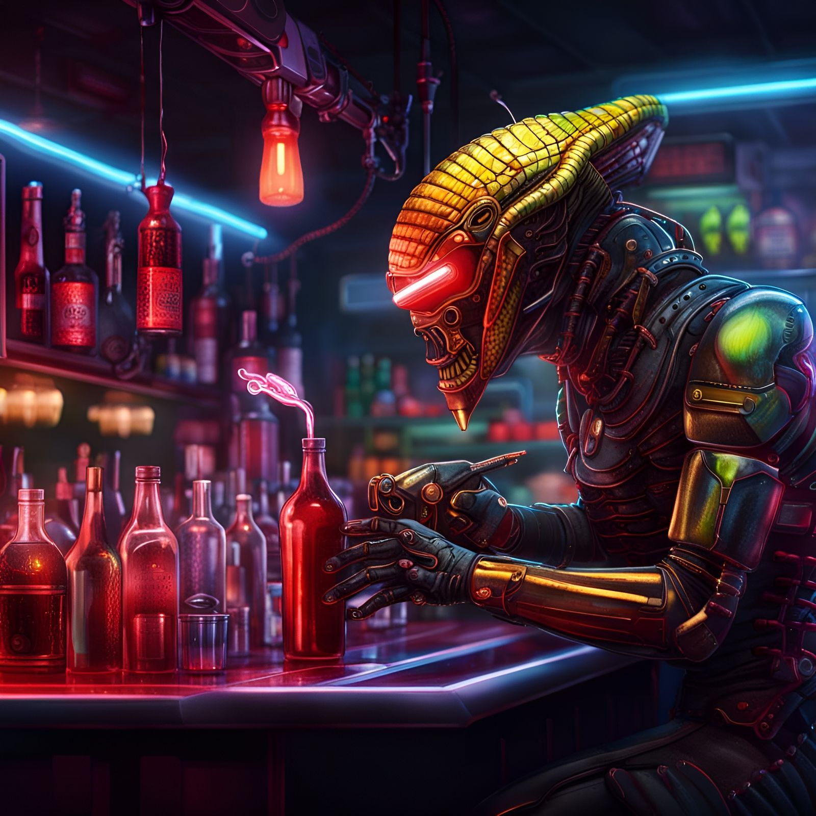 Cyborg Bartender Serves Alien Drink in Cyberpunk Bar