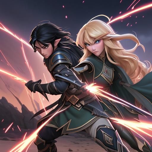 Epic Elf Battle at Night in Anime Style