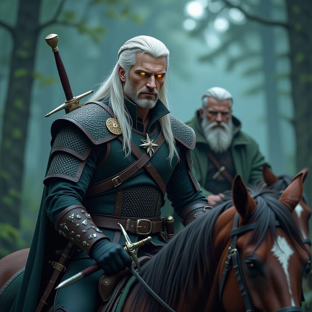 Geralt and Vesemir Ride Through a Dark Forest