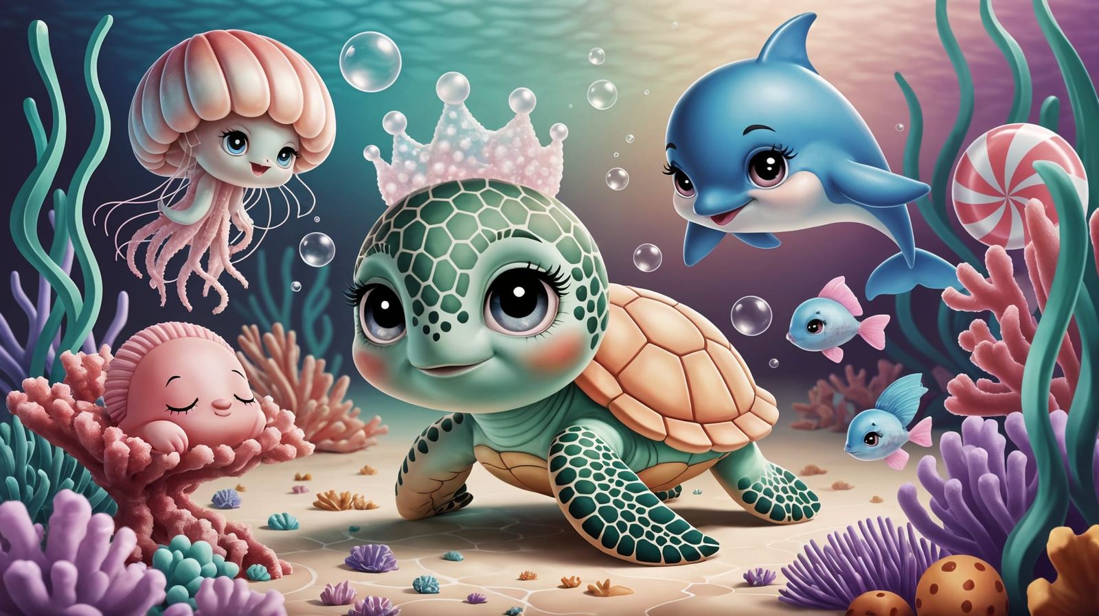 Chibi Turtle's Underwater Adventure in Pastel Colors