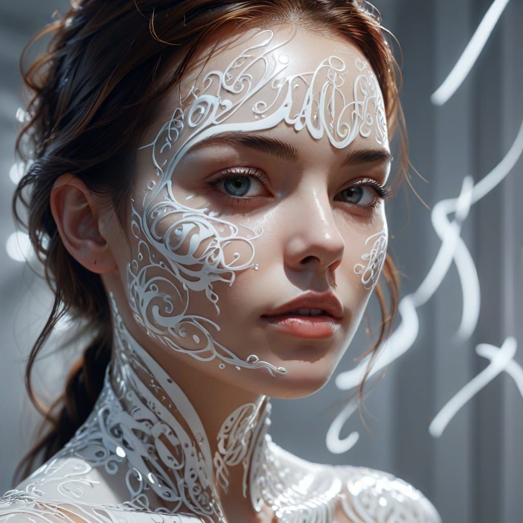 Woman's Face Covered in Glowing Calligraphy