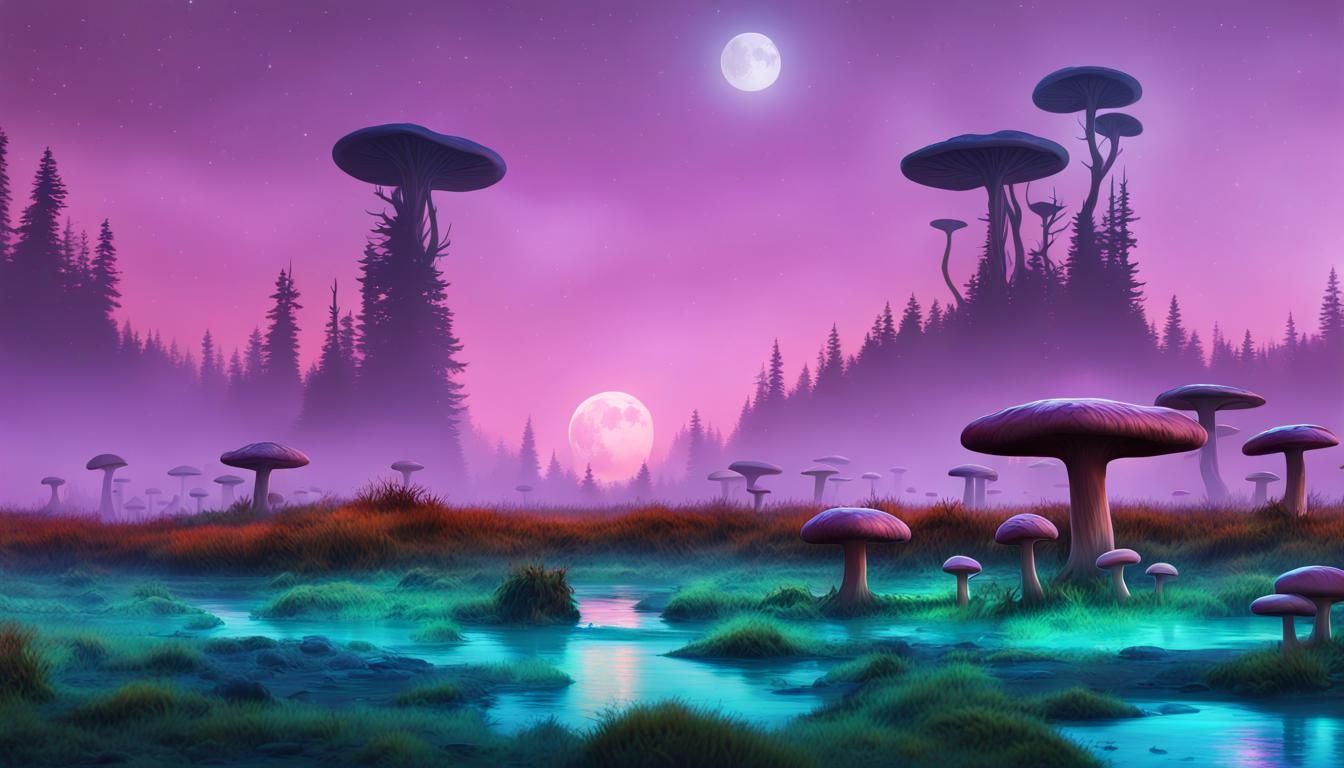 Alien World Mushroom Forest in Dark Fantasy Style