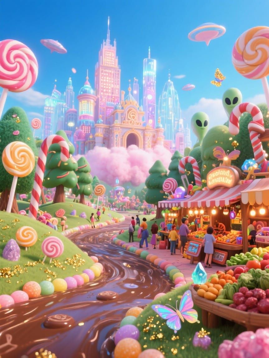 Candy World Cityscape with Chocolate River and Alien Market
