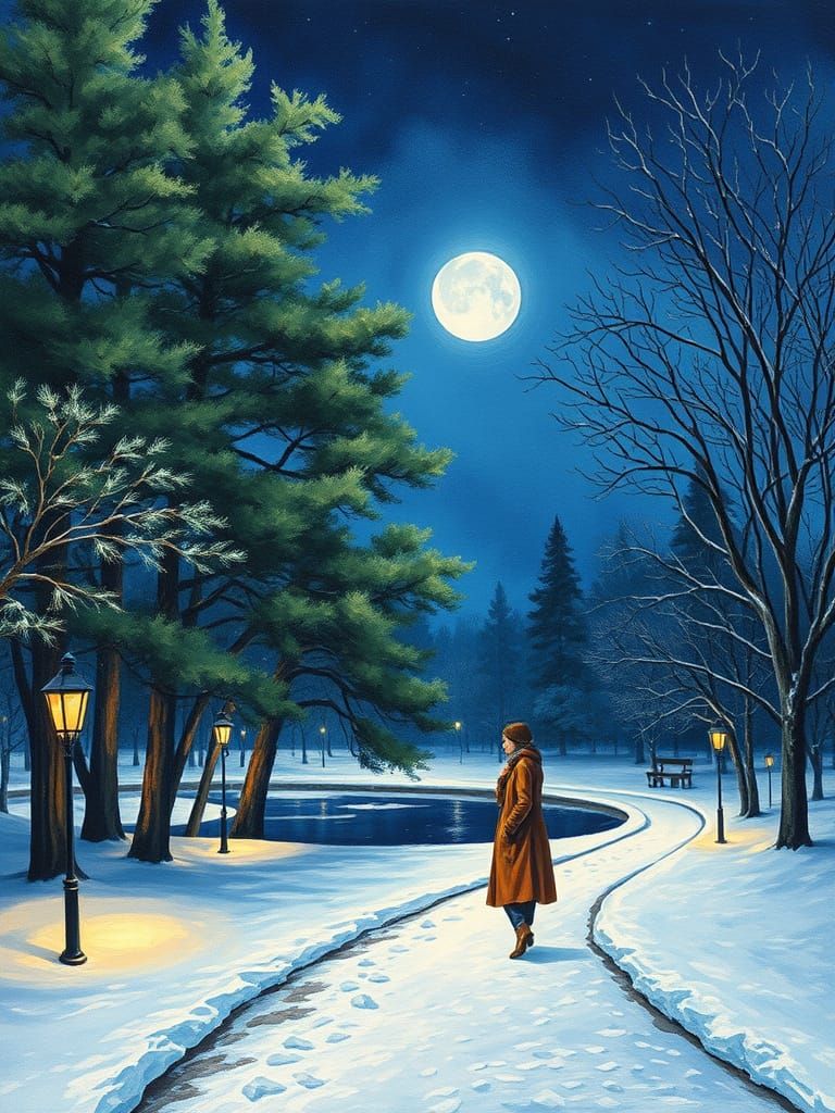 Dreamy Blue Moonlit Park Scene in Watercolor and Impasto