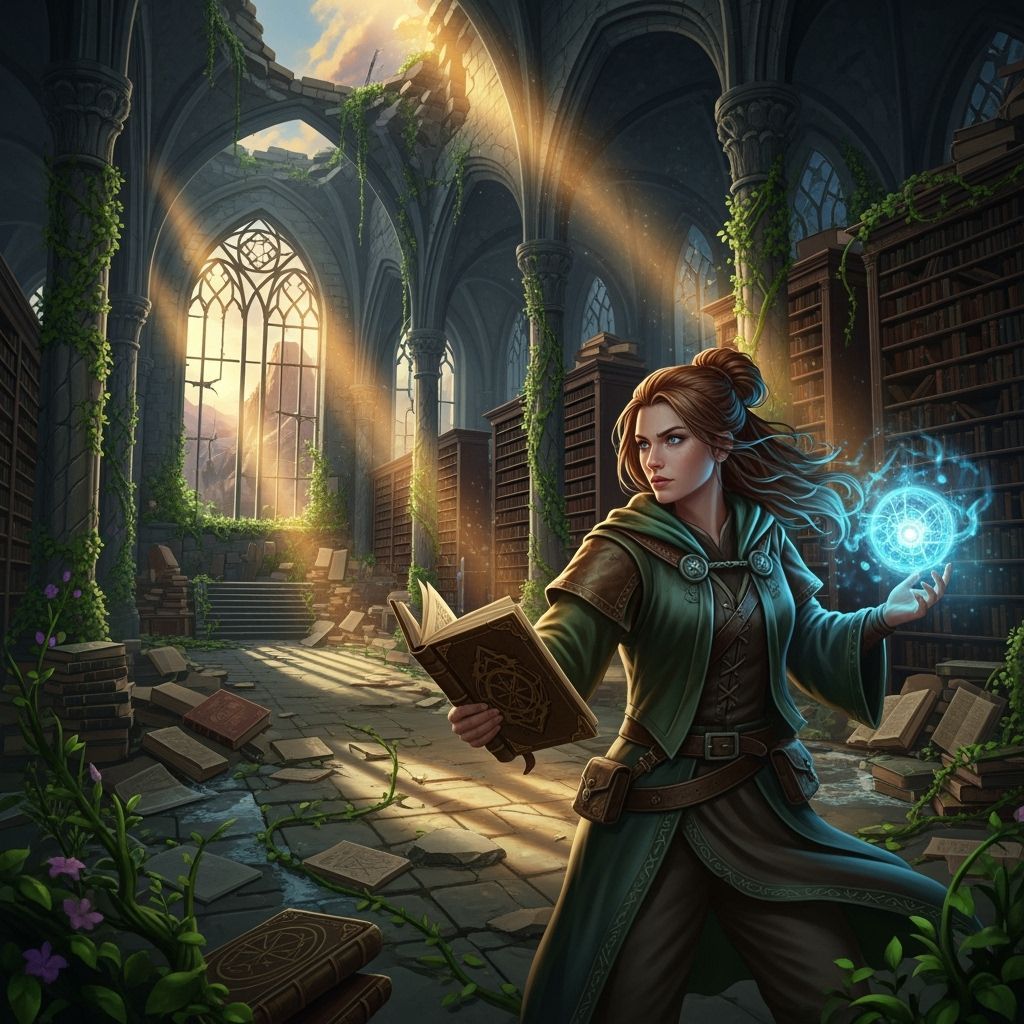 Wizard Woman Explores Ruined Library with Magic Orb
