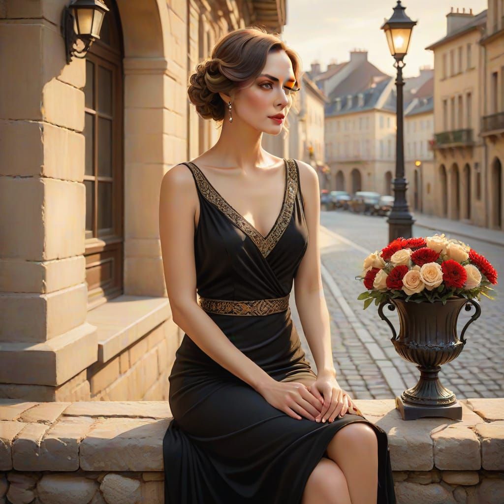 Elegant Woman in European City Street Scene, in Neo-Expressi...