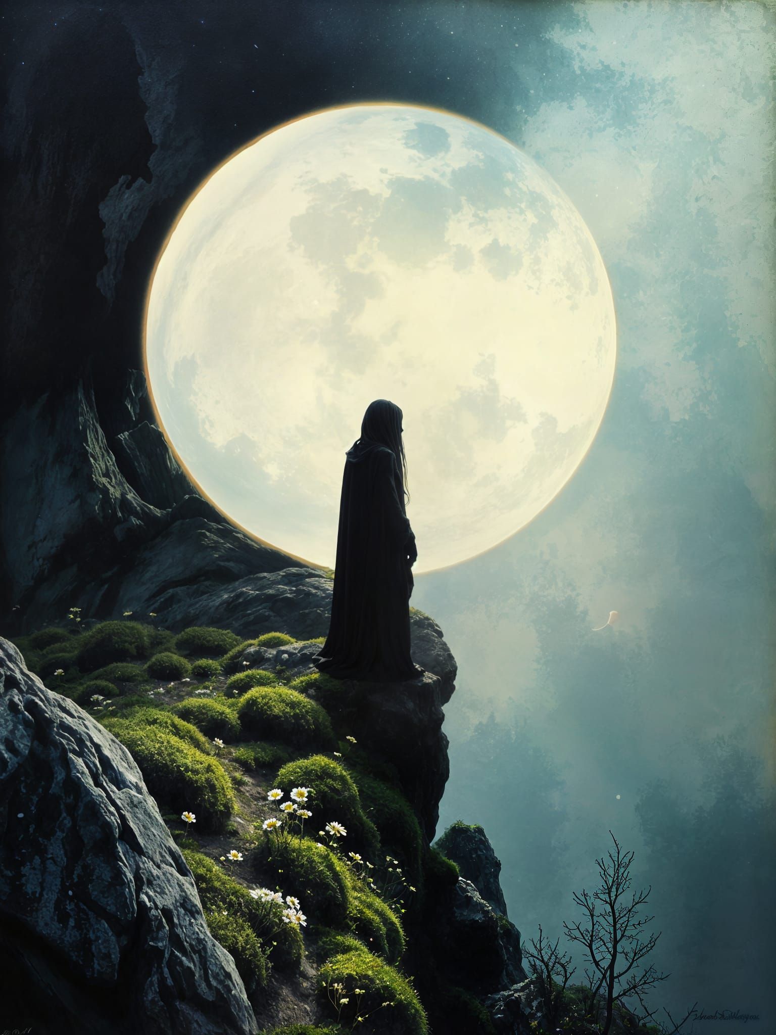 Esoteric Figure Silhouetted on Cliff Under Crescent Moon