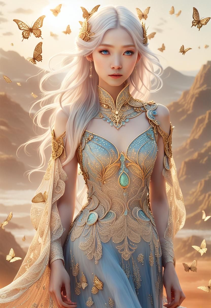 Ethereal Woman with Butterflies in Cyberpunk Fantasy Style