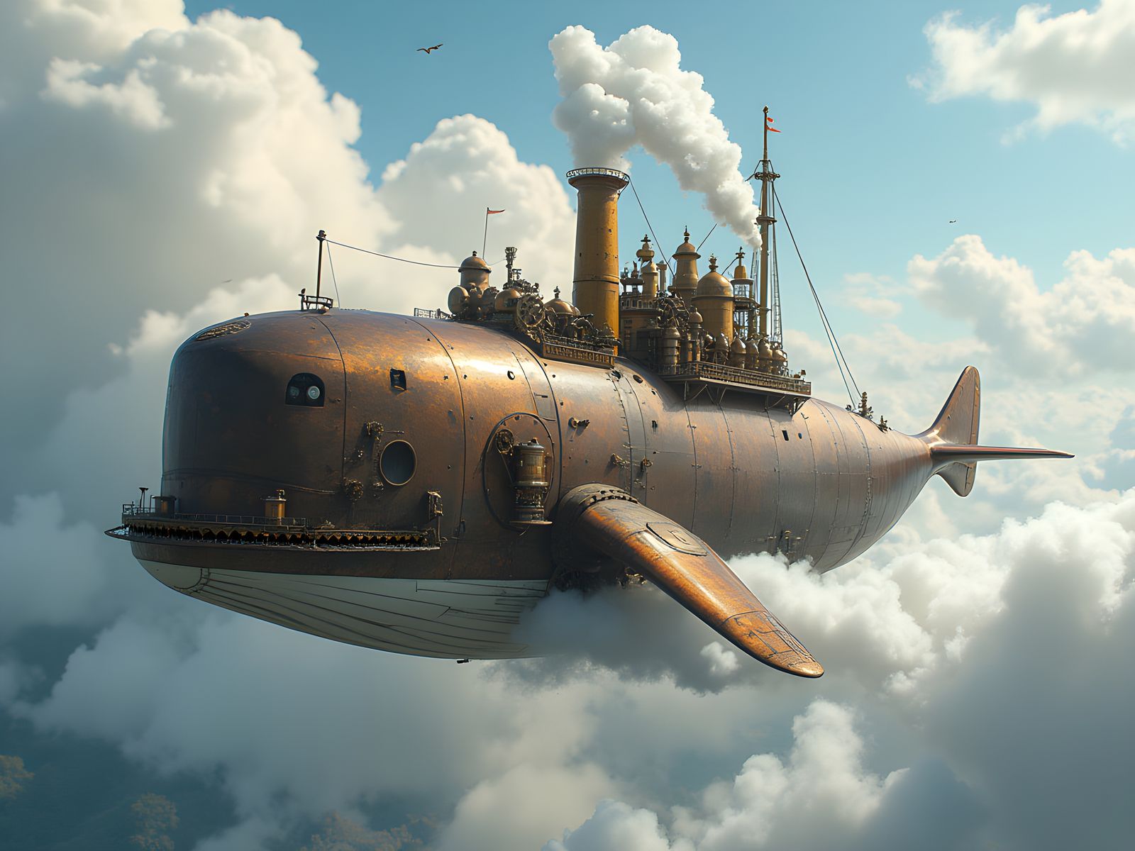 Epic Steam-Powered Flying Whale in Victorian Steampunk Style