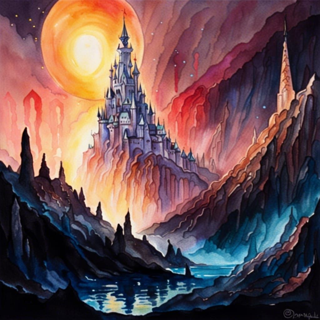 Crystal Castle in Sunlight, Dying Earth Watercolor