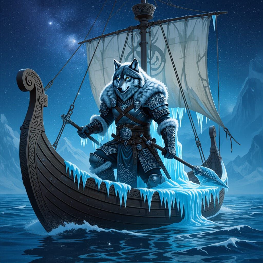 Envision a melting ice sculpture of an anthropomorphic wolf ...