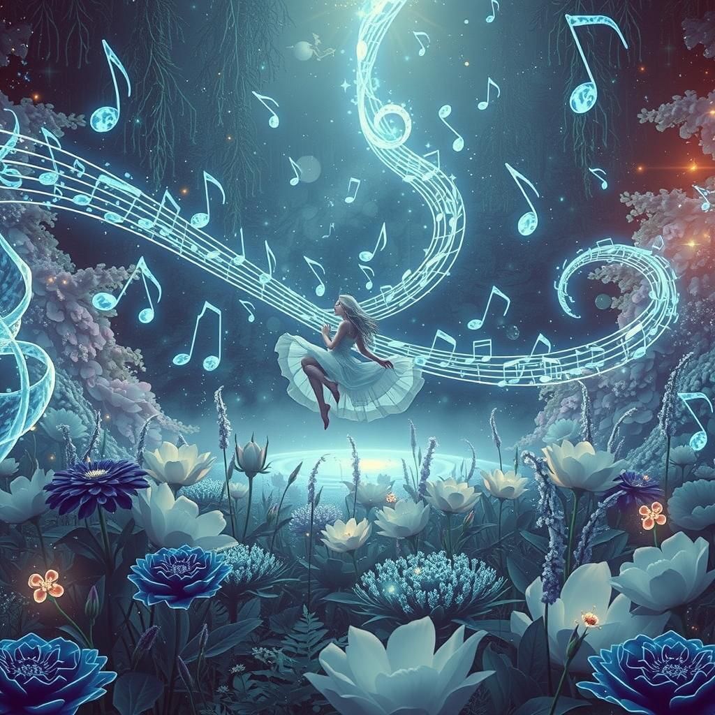Ethereal Woman in Magical Meadow with Music