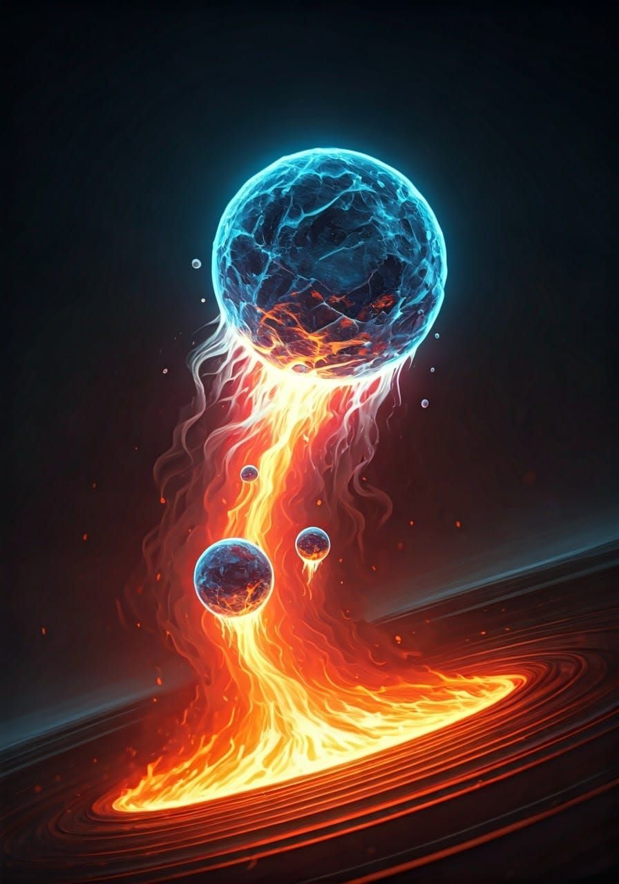 Glowing Ice Orbs in Fiery Vortex, Digital Art