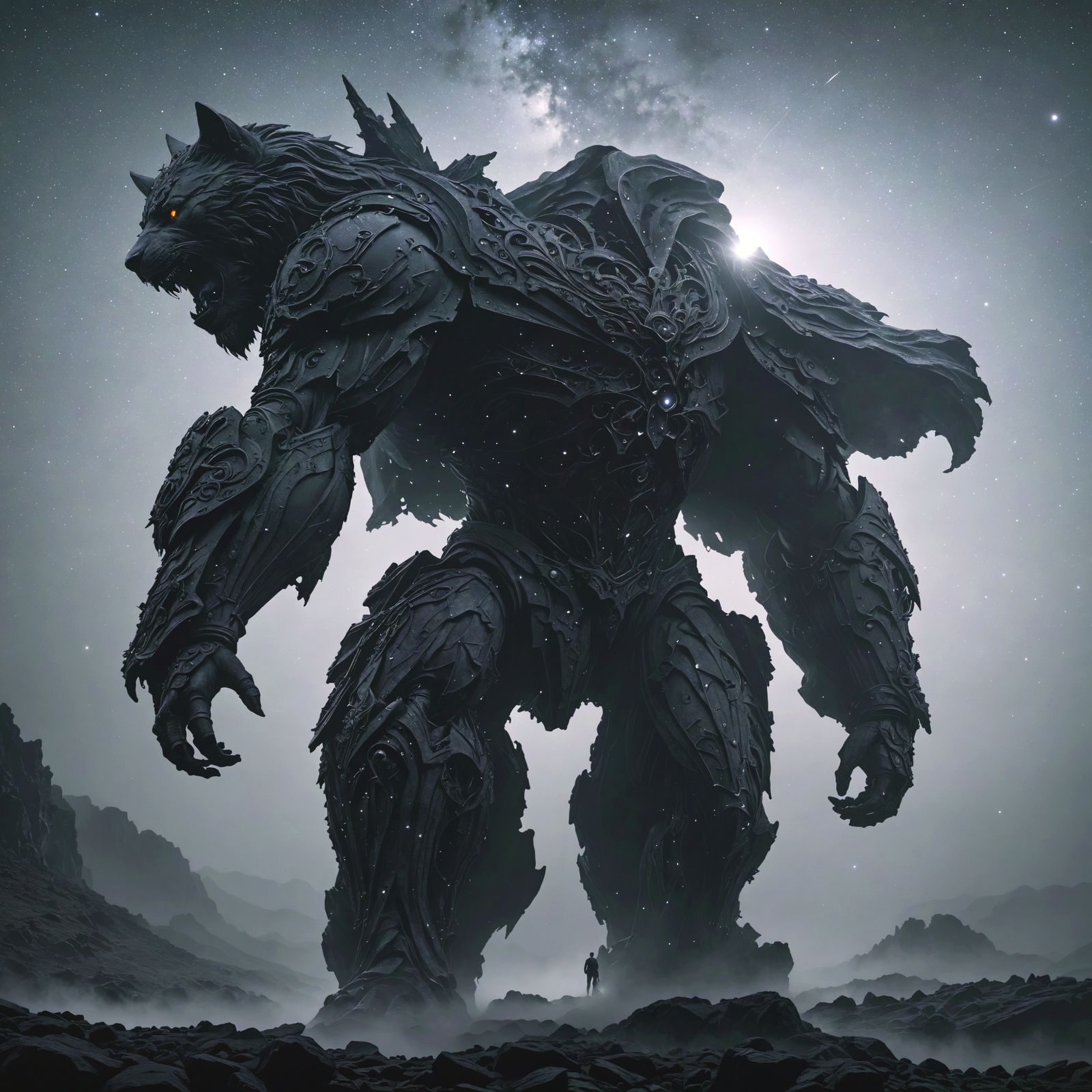 Ethereal Starlight, a Lone Figure Counts Celestial Bodies in...