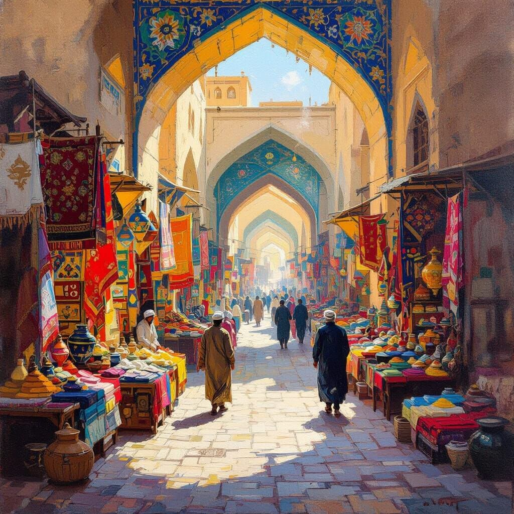 Persian Marketplace Oil Painting with Dynamic Light