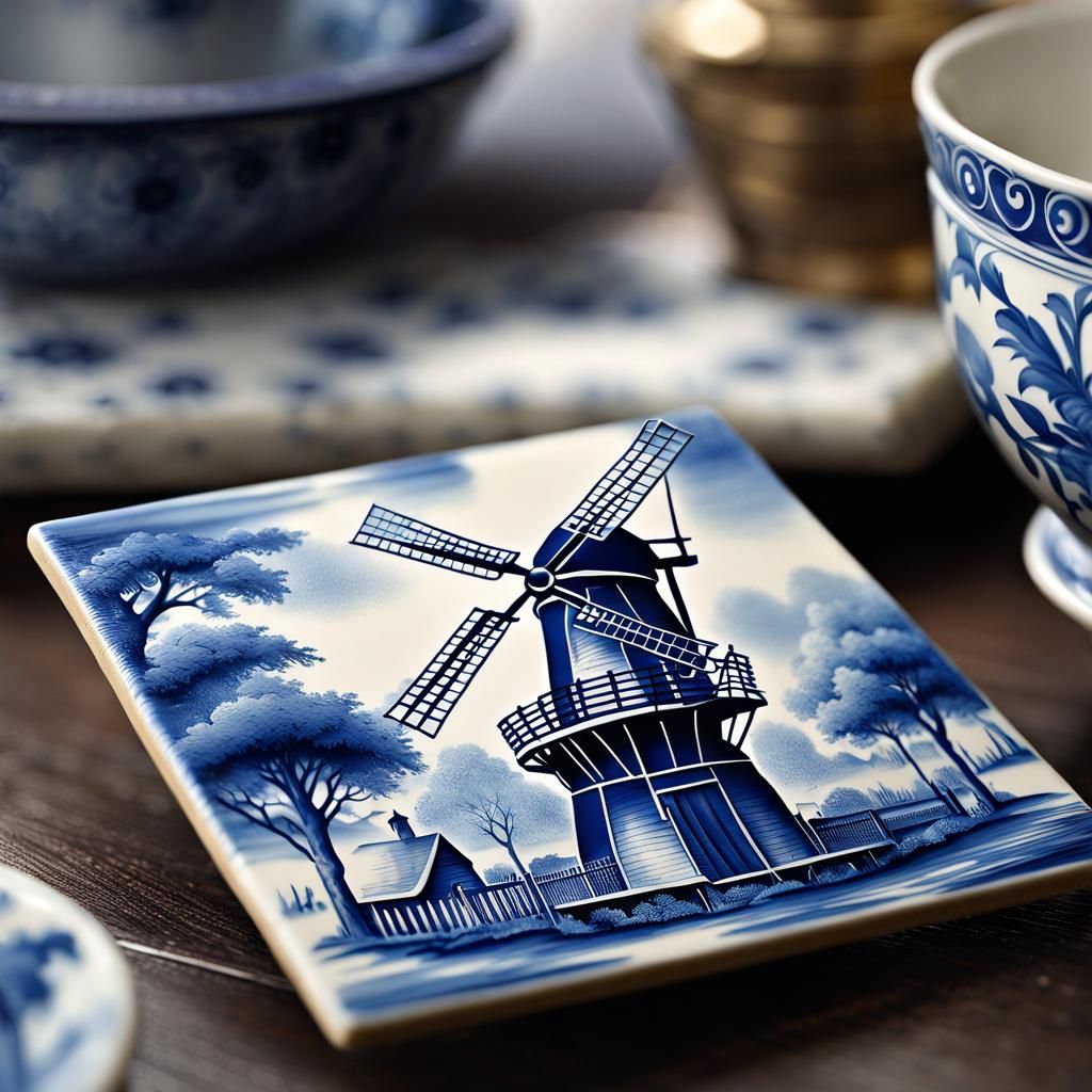Dutch Windmill on Delftware Tile with Intricate Details