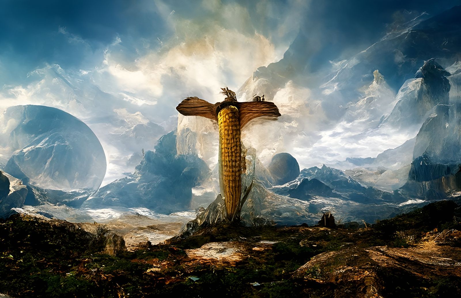 Corn Crucifixion in Surreal Stargate Landscape