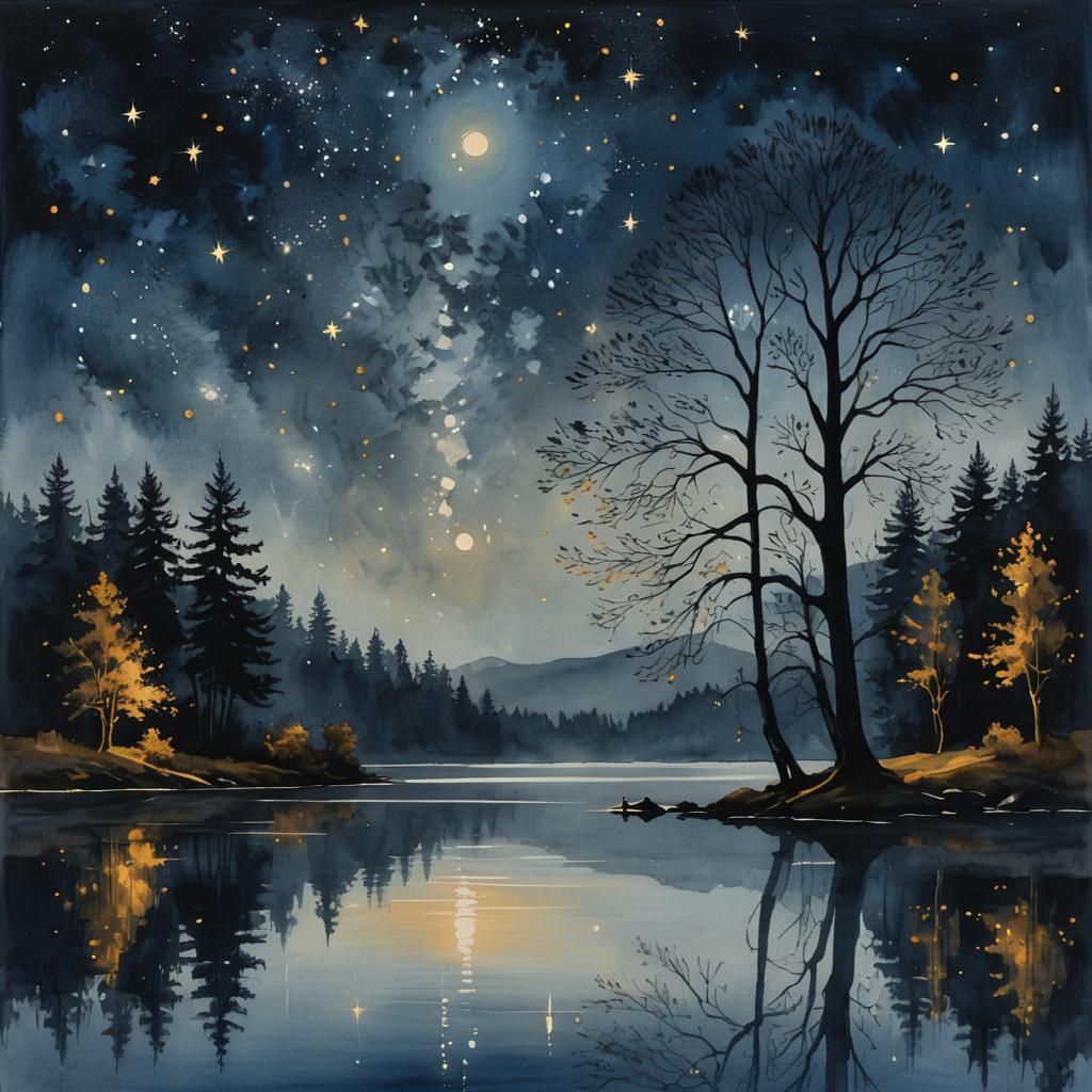 Starry Night Lake: Modern Ink Painting
