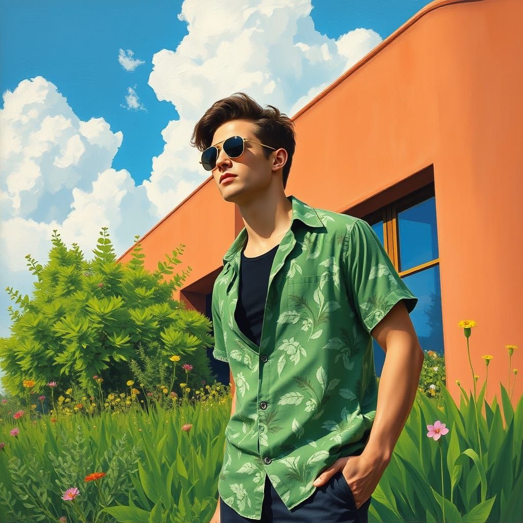 Young Man in a Green Paradise, in Impressionist Oil Painting...