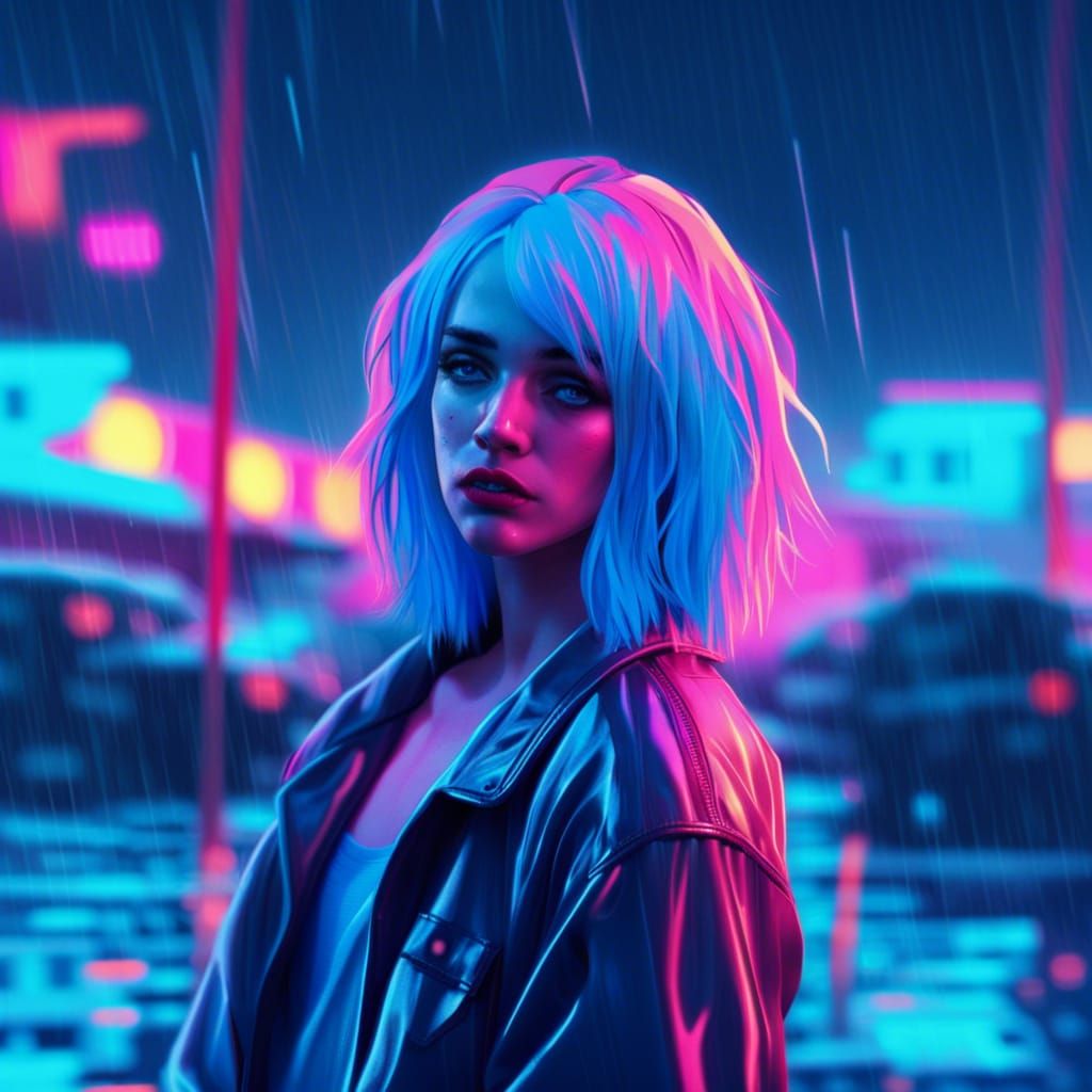 Blue-Haired Figure in Rainy Synthwave Style
