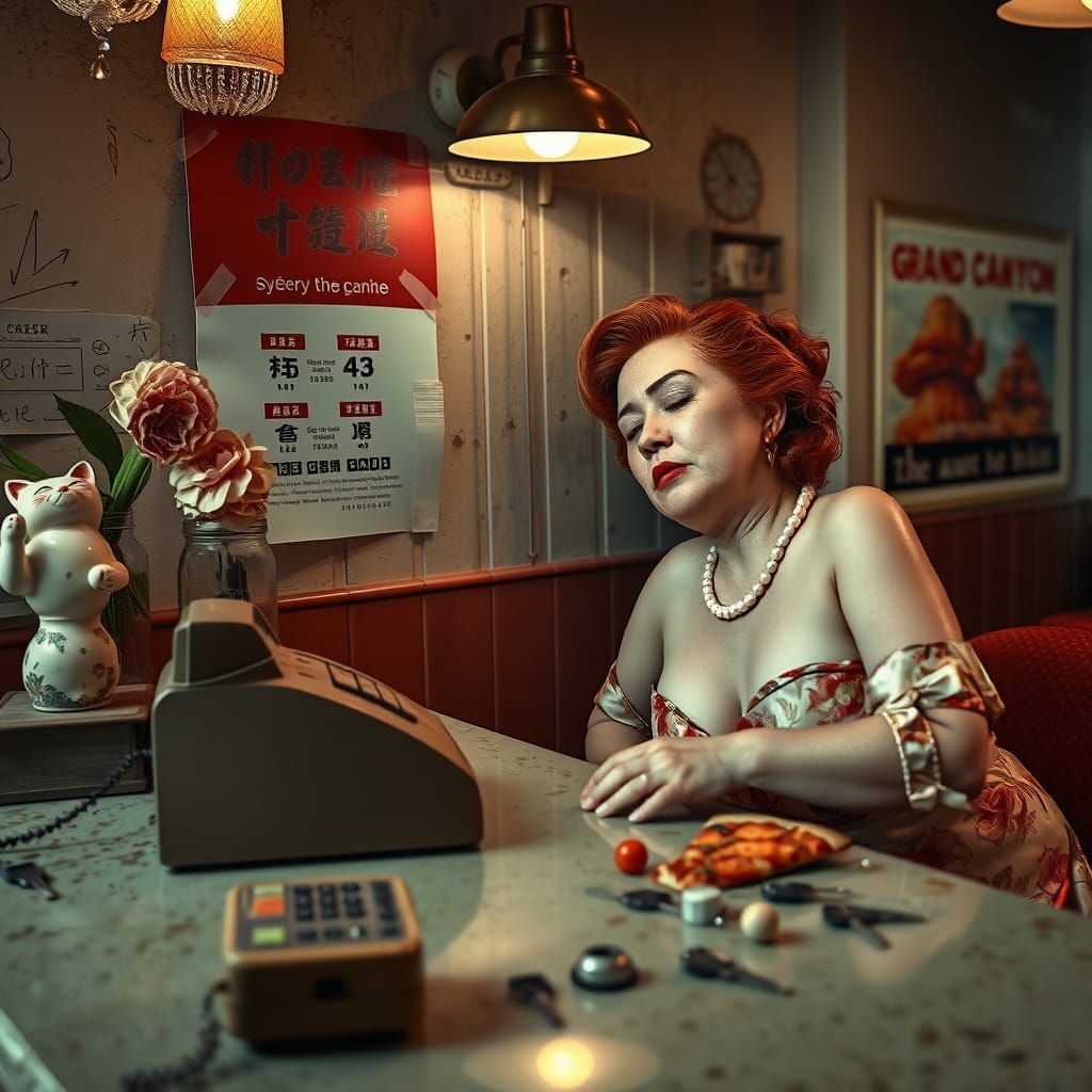 Tired Pin-Up Receptionist Slumbers in Seedy Motel